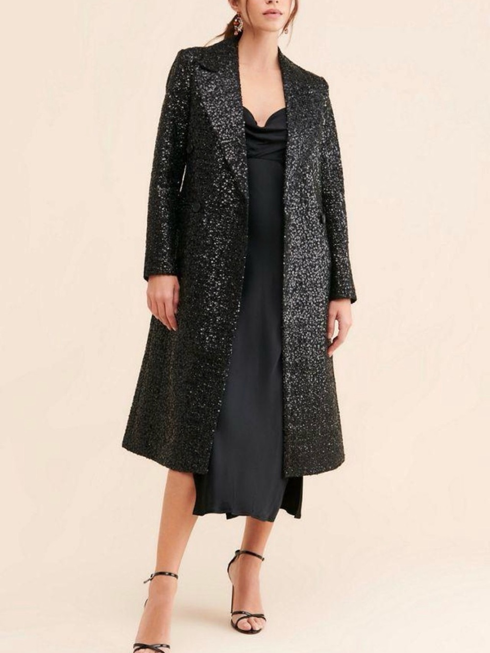 Avec Les Filles Black Sequin Long Trench Coat